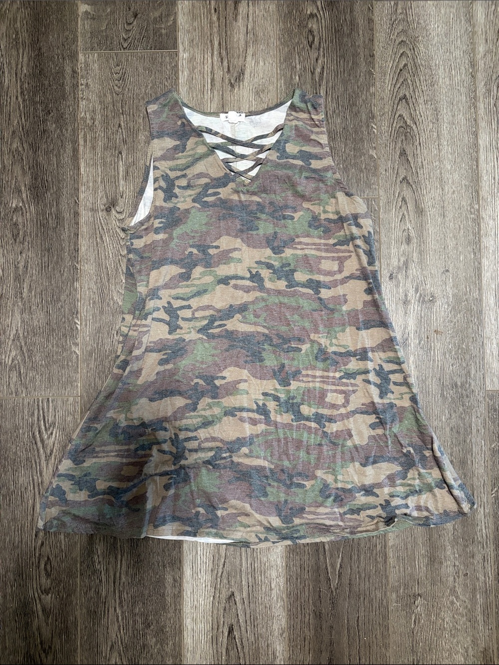 Exist Camo Crisscross Neck Mini Dress in Green/Brown